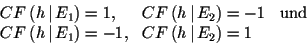 \begin{displaymath}\begin{array}{lll}CF\,(h\,\vert\,E_1)=1, & CF\,(h\,\vert\......F\,(h\,\vert\,E_1)=-1, & CF\,(h\,\vert\,E_2)=1 \\\end{array}\end{displaymath}